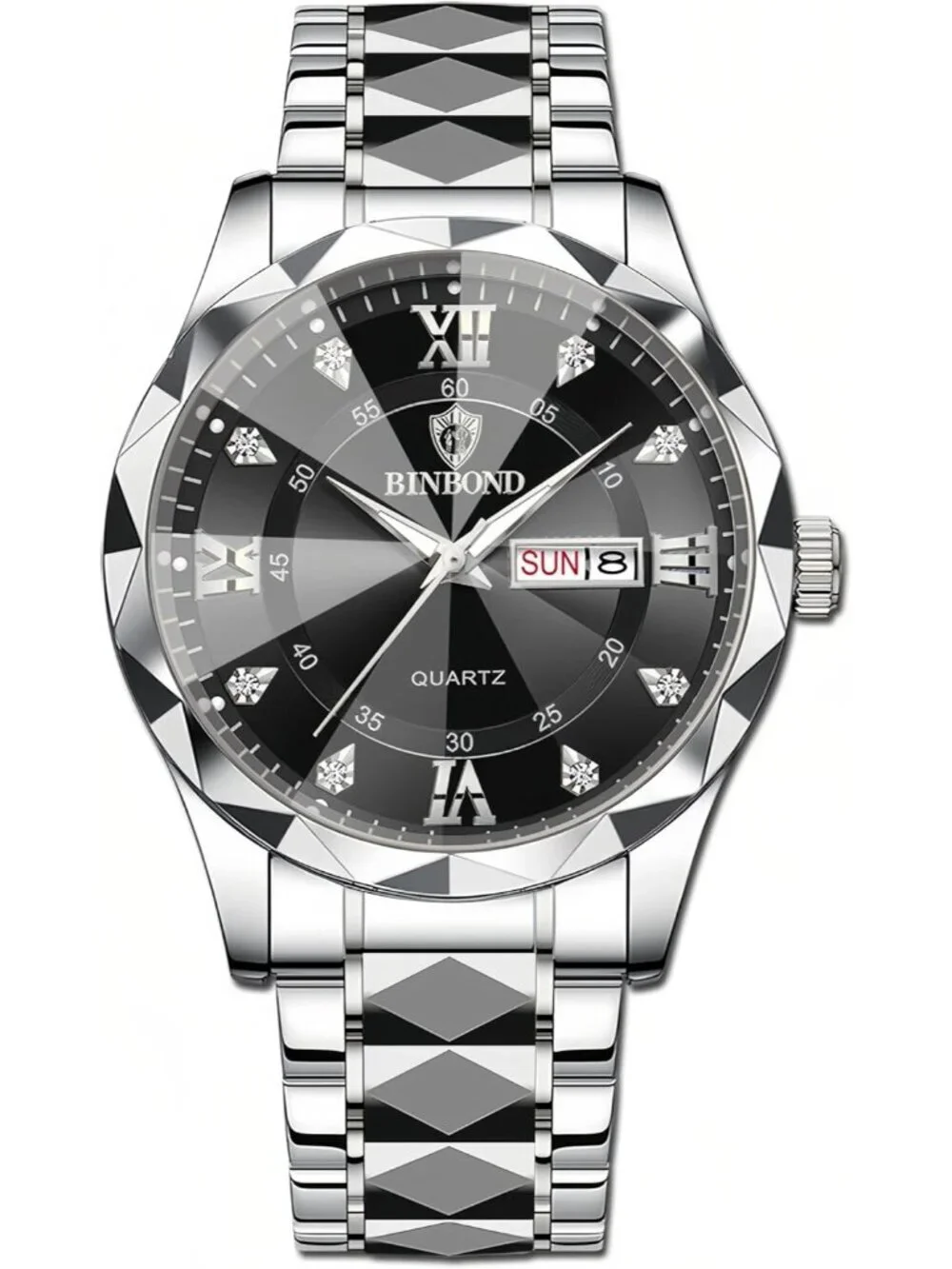 Unisex Silver&Black Analog Stainless Steel Roman Numeral Diamond Luxury Watch